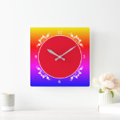 Red Background & Multi Colored Clock Face Sq Uhr (Zuhause)