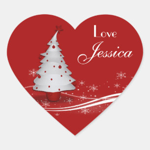 Red Background & White Christmas Tree Geschenk Tag Herz-Aufkleber