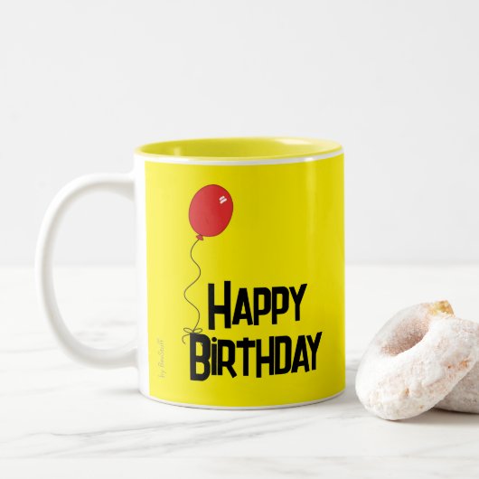 Red Balloon Happy Birthday Yellow Mug Zweifarbige Tasse (Mit Donut)