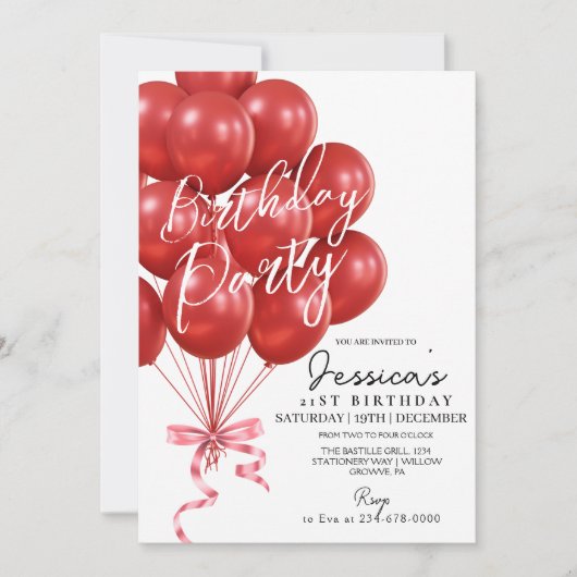 Red Balloon Script  Modern Birthday Party Einladung (Vorderseite)