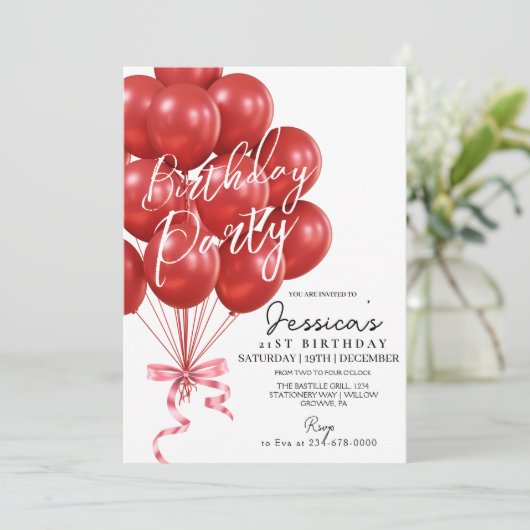 Red Balloon Script  Modern Birthday Party Einladung (Stehend Vorderseite)