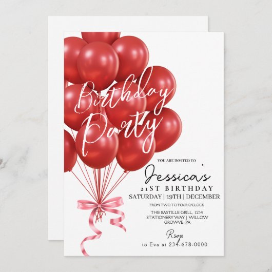 Red Balloon Script Modern Birthday Party Einladung (Vorne/Hinten)