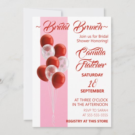 Red Balloons. Elegante Bridal Brunch-Karte Einladung (Vorderseite)