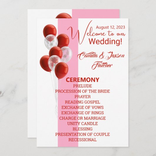 Red Balloons. Programm für Elegante Zeremonie (Vorne/Hinten)