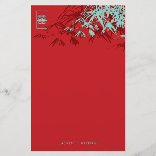 Red Bamboo Blätter Double Happiness Chinese Weddin Briefpapier (Vorderseite)