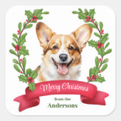 Red Banner Holly Corgi Dog Christmas Quadratischer Aufkleber (Vorderseite)