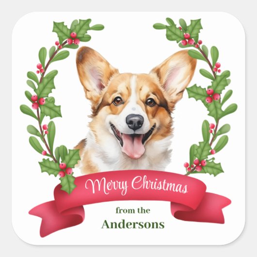 Red Banner Holly Corgi Dog Christmas Quadratischer Aufkleber (Vorderseite)