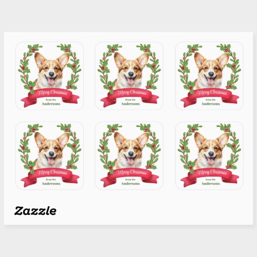 Red Banner Holly Corgi Dog Christmas Quadratischer Aufkleber (Blatt)