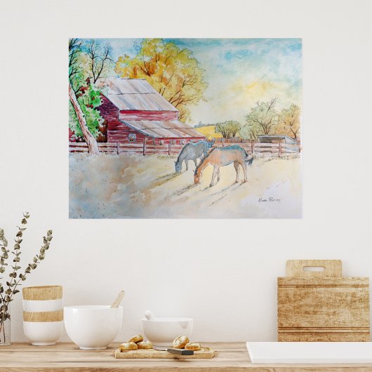 Red Barn and Horses in Pasture Poster (Küche)