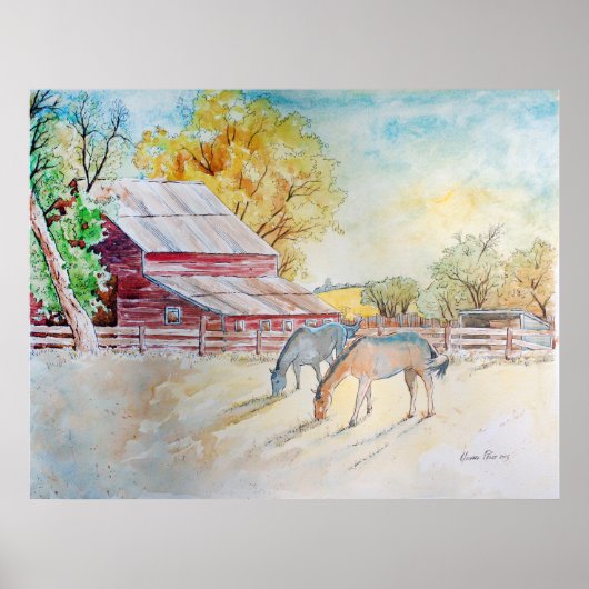 Red Barn and Horses in Pasture Poster (Vorne)
