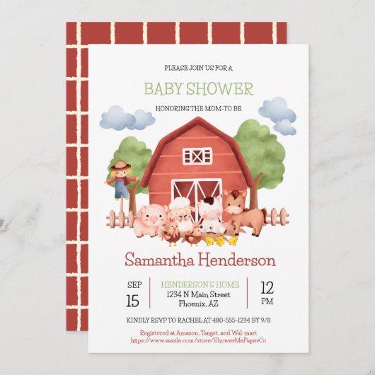 Red Barn Farm Baby Dusche einladen Einladung (Vorne/Hinten)