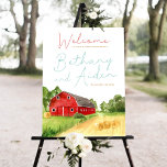 Red Barn Farm Wedding Willkommenszeichen Künstlicher Leinwanddruck<br><div class="desc">Herzlich willkommen auf Ihrer Hochzeit mit diesem schönen,  wasserfarbenen Begrüßungsschild mit roter Scheune und grüner Landschaft. Ideal für eine Stall- oder Farm-Hochzeit</div>