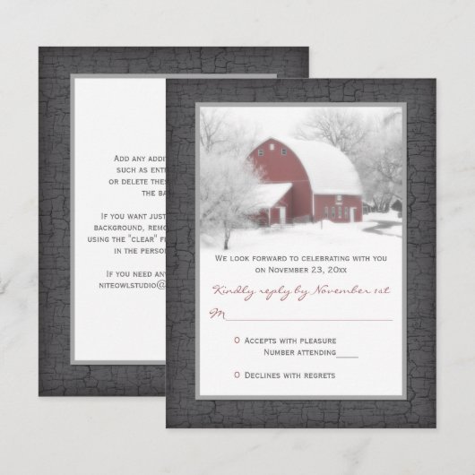 Red Barn im Winter Wedding RSVP Card (Vorne/Hinten)