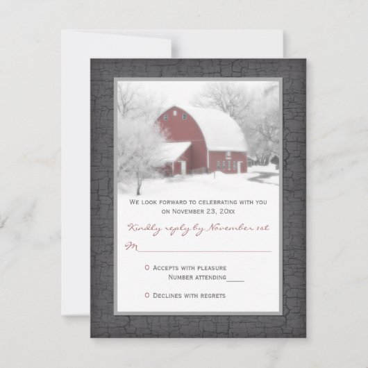 Red Barn im Winter Wedding RSVP Card Karte (Vorderseite)