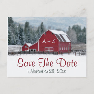 Red Barn im Winter Wedding Save the Date Post Card Ankündigungspostkarte