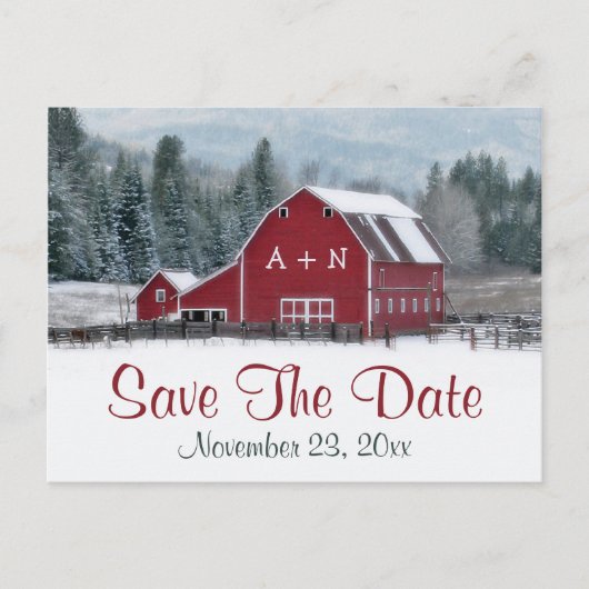 Red Barn im Winter Wedding Save the Date Post Card Ankündigungspostkarte (Vorderseite)
