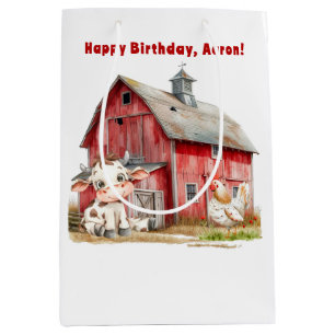 Red Barn Niedlich Cow Hühnchen Boy Geburtstagspart Mittlere Geschenktüte