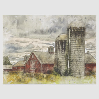 Red Barn Silo's auf einer verzweigten Farm Seidenpapier
