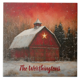 Red Barn & Snow Orange Winter Sunset Farmhouse  Fliese