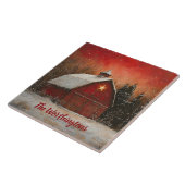 Red Barn & Snow Orange Winter Sunset Farmhouse  Fliese (Seite)
