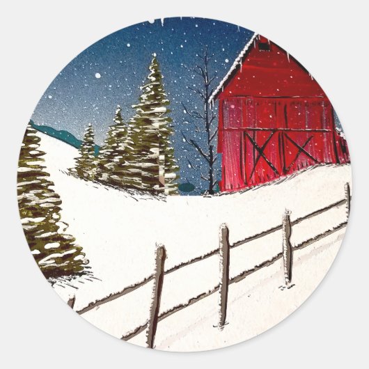 Red Barn Snowy Landschaft Runder Aufkleber (Vorderseite)