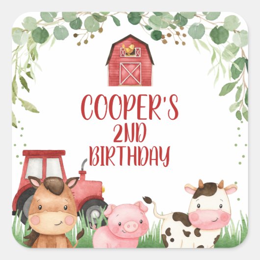 Red Barn Traktor Farm Birthday Favor Sticker (Vorderseite)