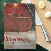 Red Barn w Star n Winter Trees Farmhouse Monogram Geschirrtuch