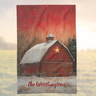 Red Barn w Star n Winter Trees Farmhouse Monogram Geschirrtuch