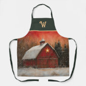 Red Barn w Star n Winter Trees Farmhouse Monogram Schürze (Vorderseite)