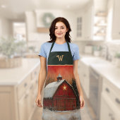 Red Barn w Star n Winter Trees Farmhouse Monogram Schürze