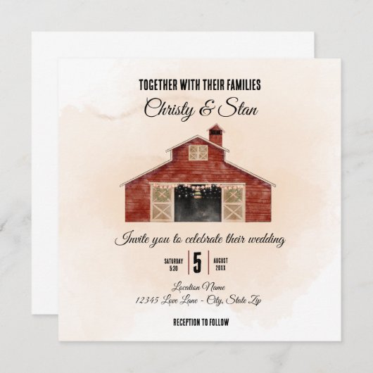 Red Barn Wedding Square Einladung (Vorne/Hinten)