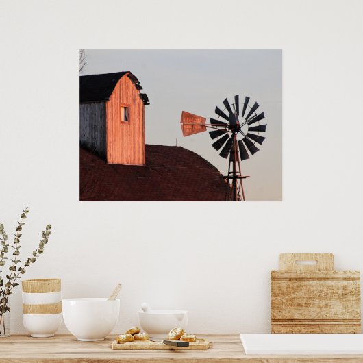 Red Barn & Windmill rustikales Foto Poster (Küche)