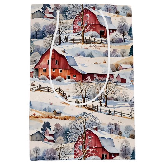 Red Barn Winter auf dem Bauernhof Mittlere Geschenktüte (Vorderseite)