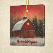 Red Barn with Star and Trees Farmhouse Monogram Keramikornament