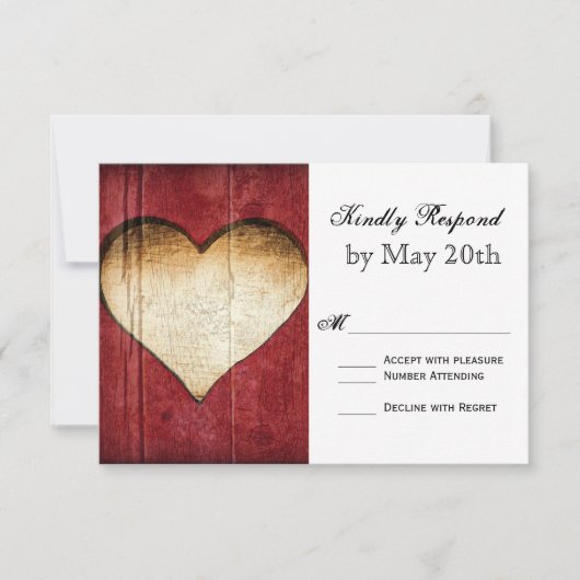 Red Barn Wood Heart Country Wedding RSVP Cards (Vorderseite)