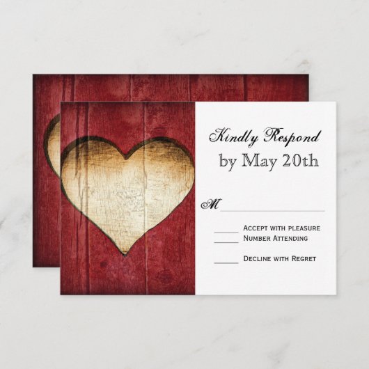 Red Barn Wood Heart Country Wedding RSVP Cards (Vorne/Hinten)
