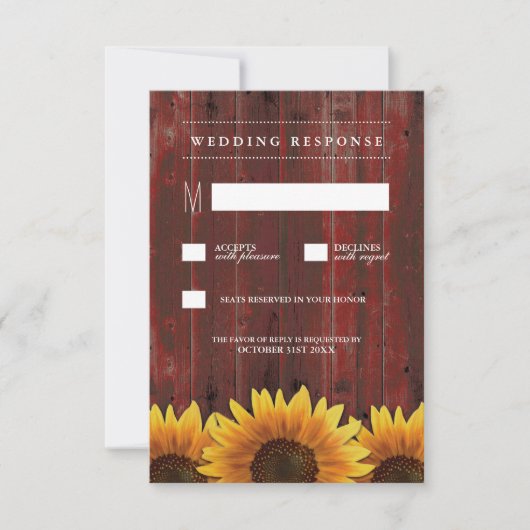 Red Barod Wood Rustic Sunflower Wedding RSVP Karte (Vorderseite)