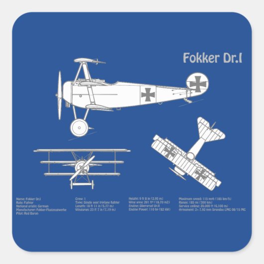Red Baron Fokker Dr.1 - Airplane Blueprint ABD Quadratischer Aufkleber (Vorderseite)