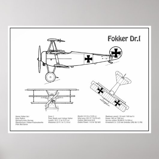 Red Baron Fokker Dr.1 - Airplane Blueprint BD Poster (Vorne)