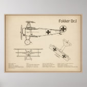 Red Baron Fokker Dr.1 - Airplane Blueprint SD Poster (Vorne)