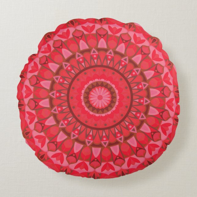 Red Base Mandala Round Pillow Rundes Kissen (Vorderseite)