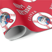 Red Baseball Ball Kindergeburtstag Foto Geschenkpapier (Rolleneckpunkt)