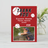 Red Baseball Player Foto Vielen Dank Coach Card Dankeskarte (Stehend Vorderseite)