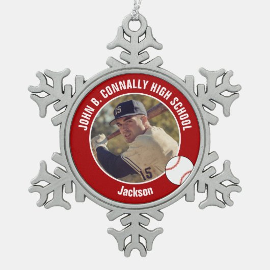 Red Baseball Player Photo Custom High School Schneeflocken Zinn-Ornament (Vorderseite)