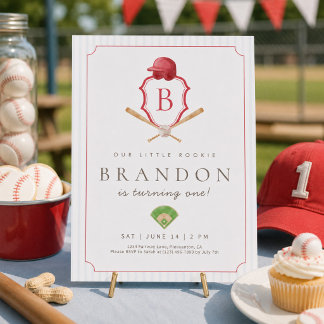 Red Baseball Preppy Wappen Erster Geburtstag einla Dankeskarte