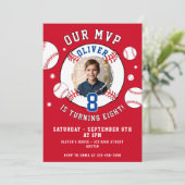 Red Baseball Themed Kindergeburtstag Foto Einladung (Stehend Vorderseite)