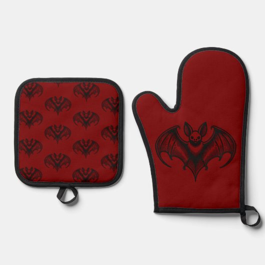 Red Bat Patterned Oven Mitt and Pot Holder Set (Vorderseite)