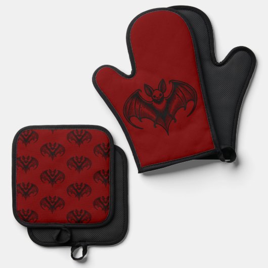 Red Bat Patterned Oven Mitt and Pot Holder Set (Vorderseite/Rückseite)