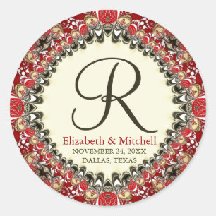 Red Batik Lace Monogram Wedding Runder Aufkleber
