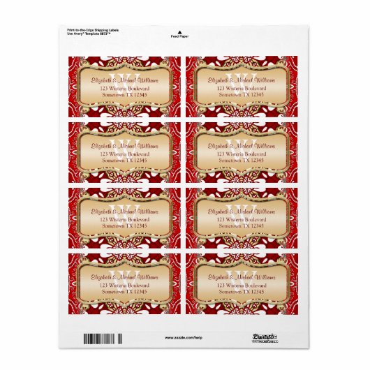 Red Batik Monogram Wedding Address Labels (Vorne)
